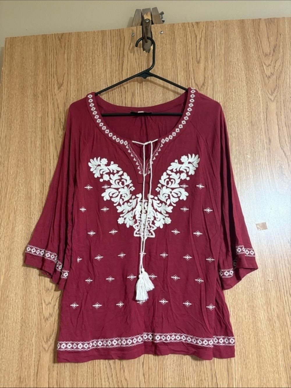 Boho Burgundy Embroidered Peasant Tunic with Tassel Tie